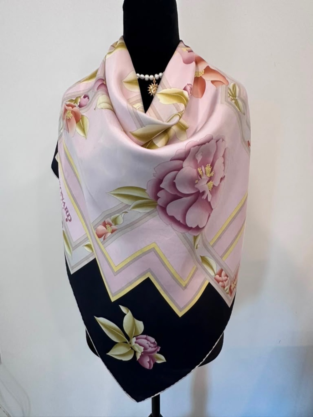 Leonard Silk Scarf Black White Floral Hand Rolled Made in France